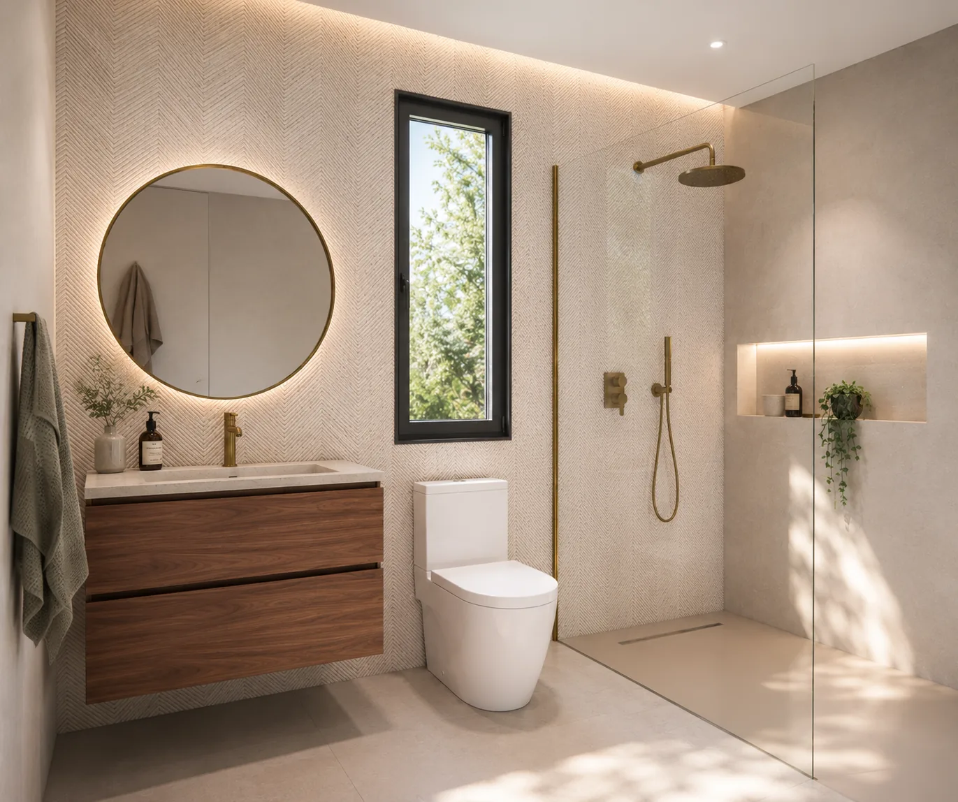 Detalle de mueble de lavabo en madera con espejo redondo, sobre pared con revestimiento cerámico en espiga.