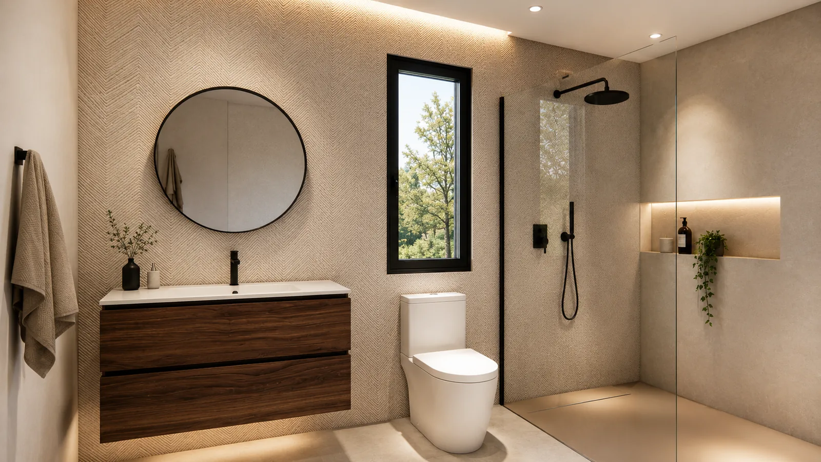 Baño con revestimiento cerámico en espiga, espejo redondo, mueble de lavabo en madera y ducha con mampara de cristal.