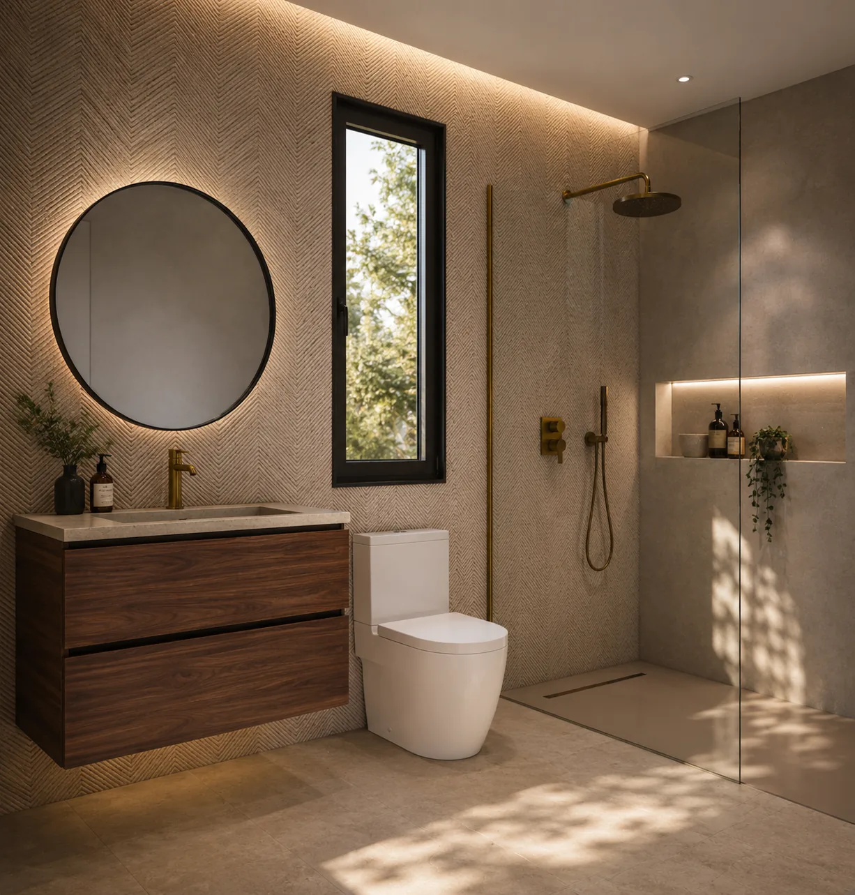 Vista general de baño con revestimiento cerámico en espiga, iluminación rasante, ducha, inodoro y mueble de lavabo en madera.