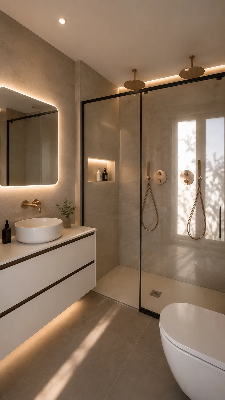 Baño con mueble de lavabo blanco, espejo retroiluminado y ducha con doble alcachofa en tono cobre.
