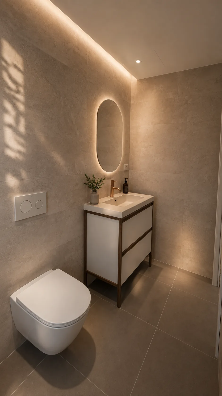 Rincón de baño con espejo ovalado retroiluminado, mueble de lavabo compacto e inodoro suspendido.