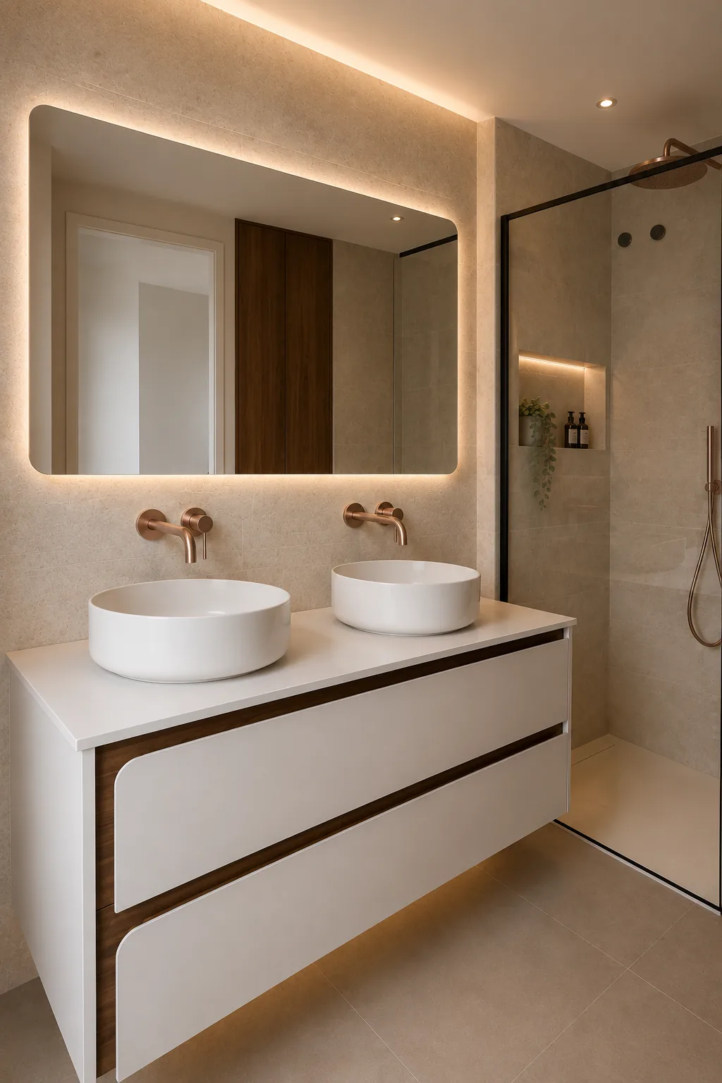Baño con doble lavabo sobre encimera, grifería en tono cobre, espejo ovalado retroiluminado y ducha con mampara de cristal.