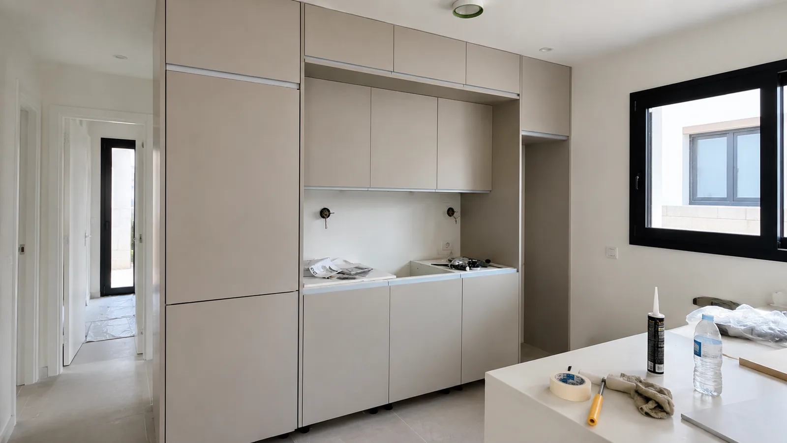 Instalación de mobiliario de cocina en curso, con puertas protegidas y encimera pendiente de montaje.