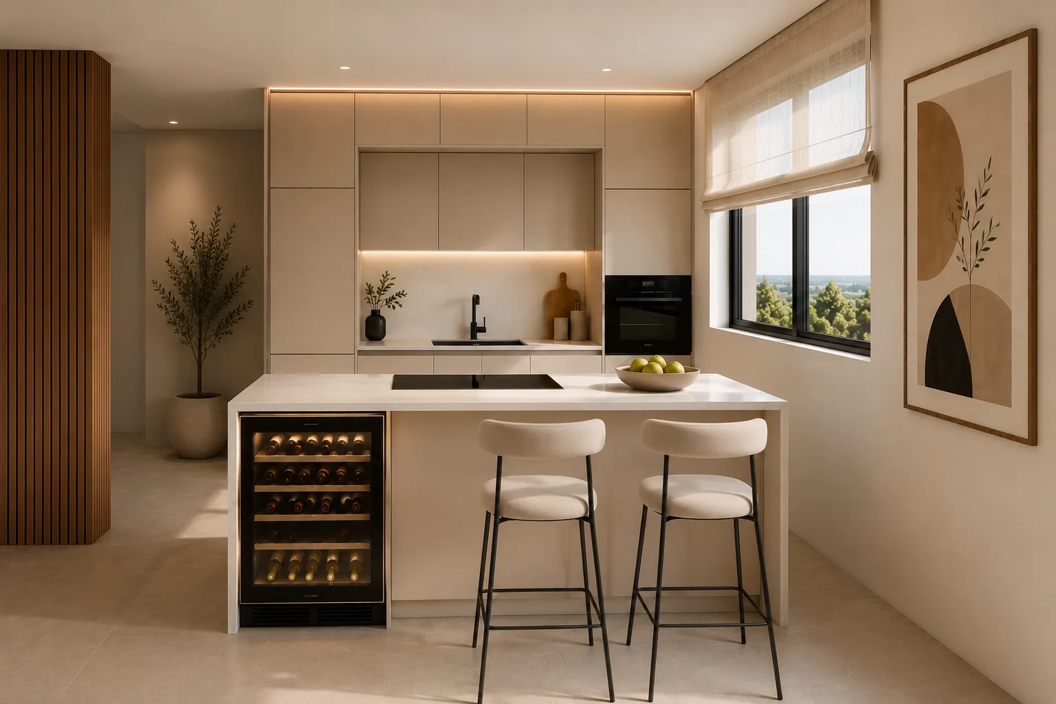 Vista frontal de cocina en tonos beige con isla central, placa de inducción y mueble bodeguero.
