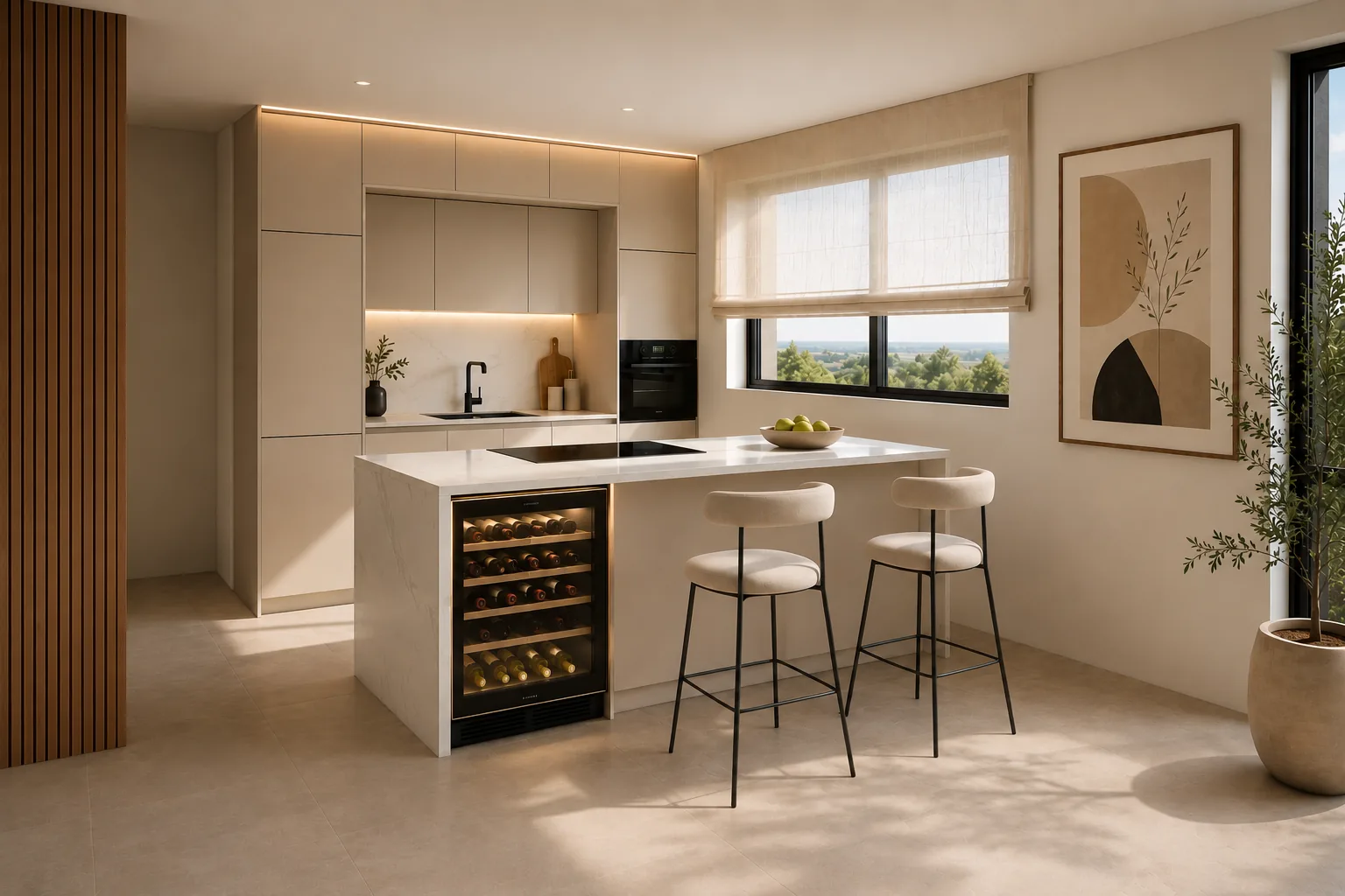 Cocina en tonos beige con isla en mármol, mueble bodeguero integrado y taburetes tapizados.
