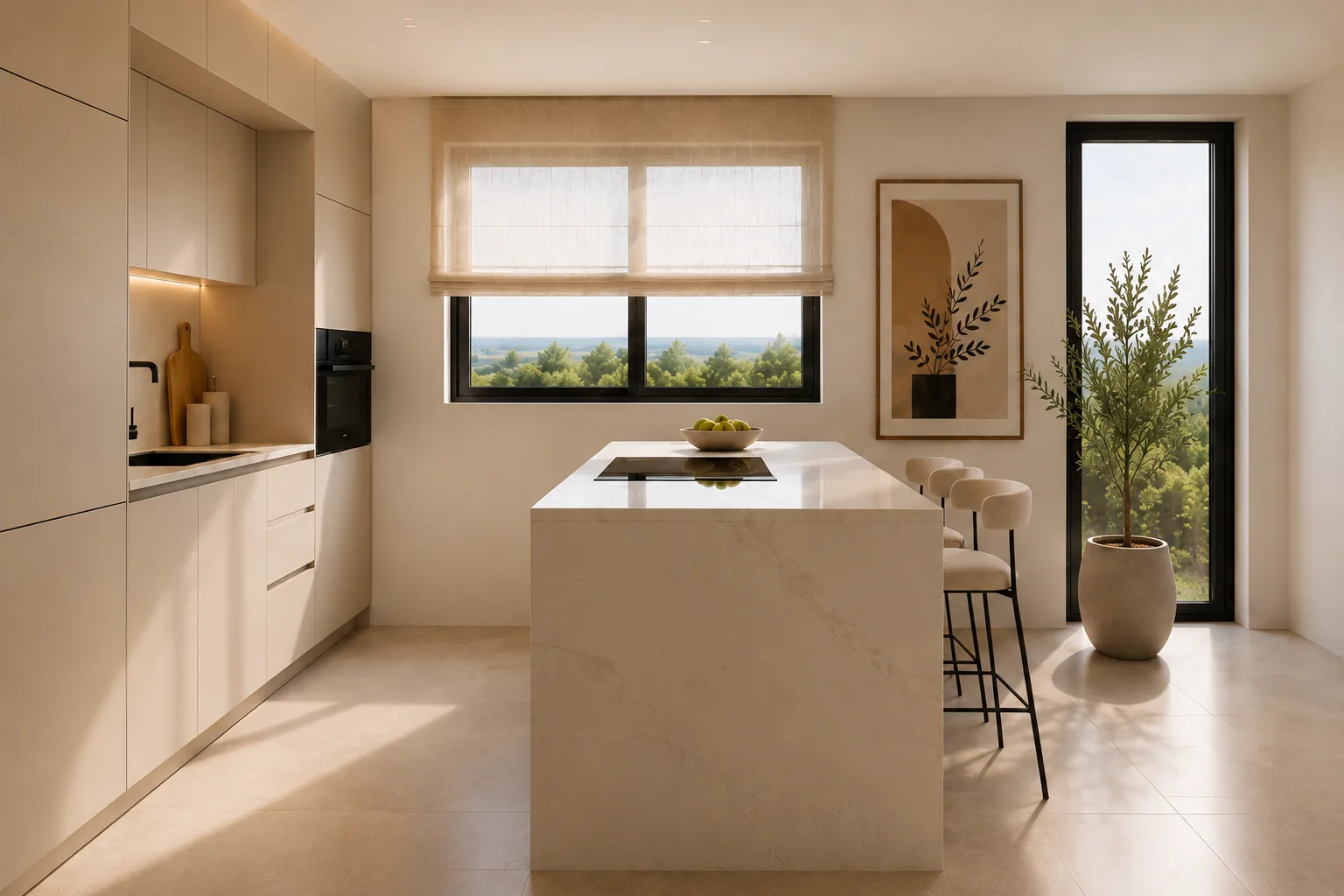 Vista lateral de cocina en tonos beige con isla en mármol, ventanal y planta de interior.