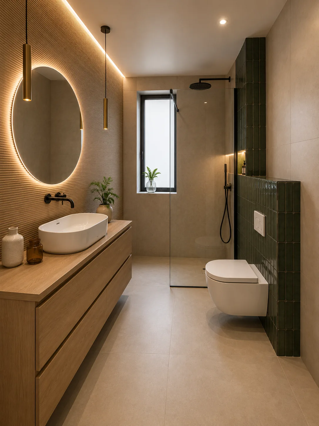 Baño con mueble de lavabo en madera oscura, espejo circular con marco negro y ducha con mampara de cristal.