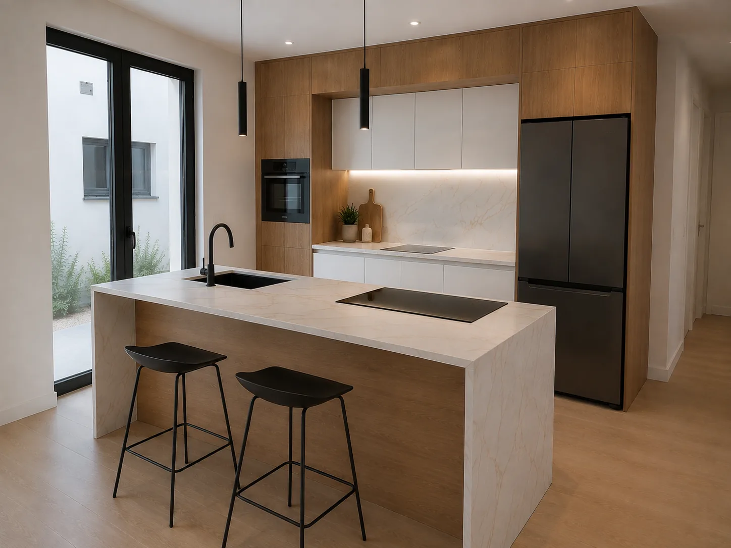 Isla de cocina en mármol blanco con placa de inducción, frigorífico integrado en negro y ventanal al jardín.