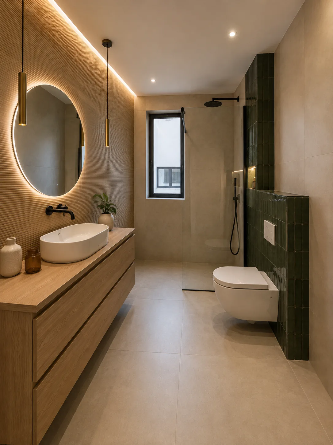 Detalle de baño con mueble de lavabo en madera oscura, grifería negra y pared alicatada en espiga.