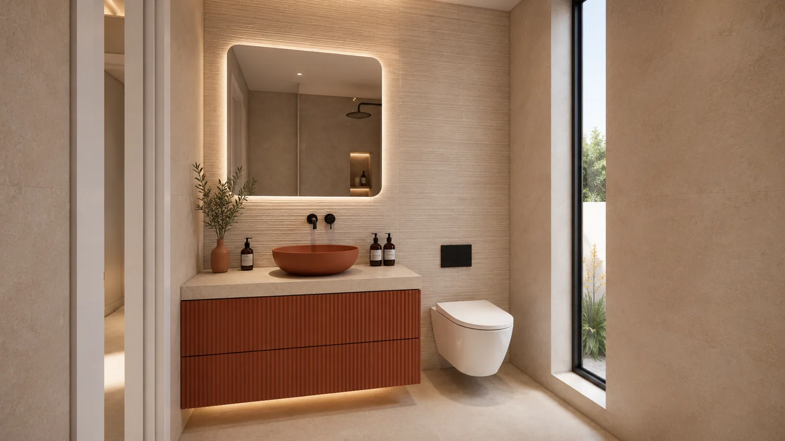 Baño con lavabo de sobre en terracota, mueble a juego y grifería negra empotrada.