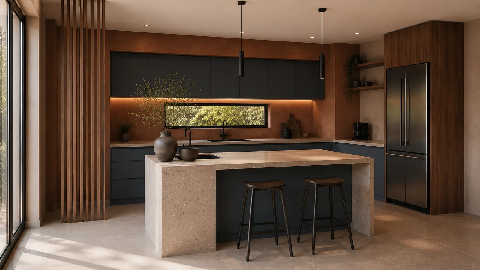Vista frontal de cocina con mobiliario azul grisáceo, campana integrada y encimera de piedra clara.