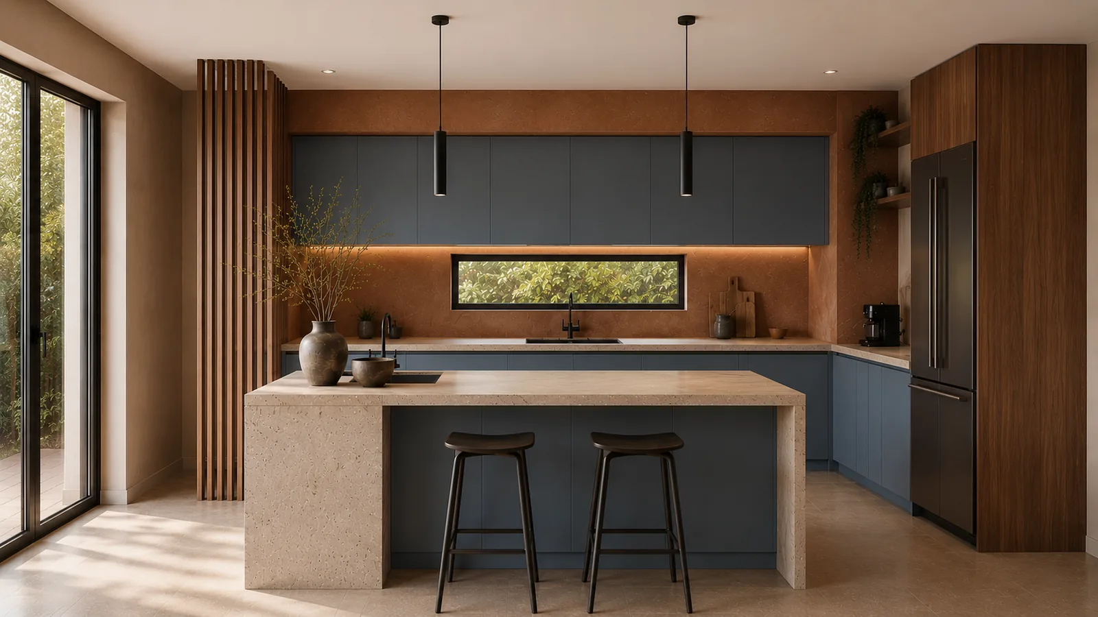 Cocina en tonos tierra con mobiliario azul grisáceo, isla en piedra clara y celosía de madera junto al ventanal.