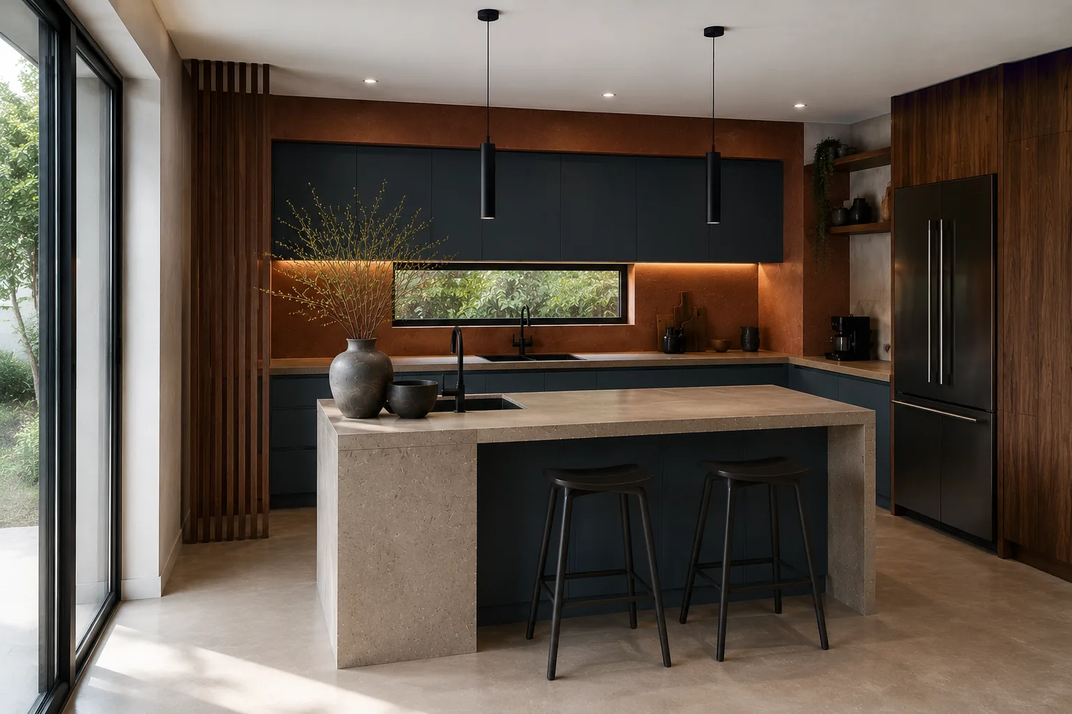 Vista lateral de cocina con isla en piedra clara, taburetes de madera y frigorífico integrado en madera oscura.