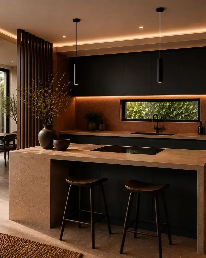 Cocina contemporánea de Kamo Concept: isla de piedra natural, mobiliario en madera oscura y luz natural entrando por un gran ventanal.